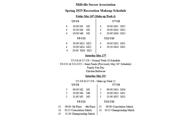 Recreation Make-Up Schedule